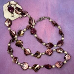 Purple Mother of Pearl Shell Nugget Necklace & Earrings Faux Pearls Flapper‎ 28"